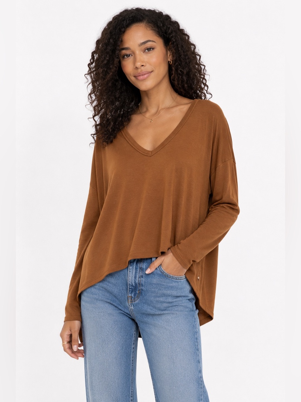 Kit and Ace Oversized V-Neck Long Sleeve Top Caramel Small